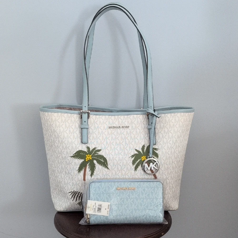 🌴Michael Kors Set🌴 Jet Set Travel Girls Tote w/Tropical Palms Bag & Wallet - Picture 5 of 6